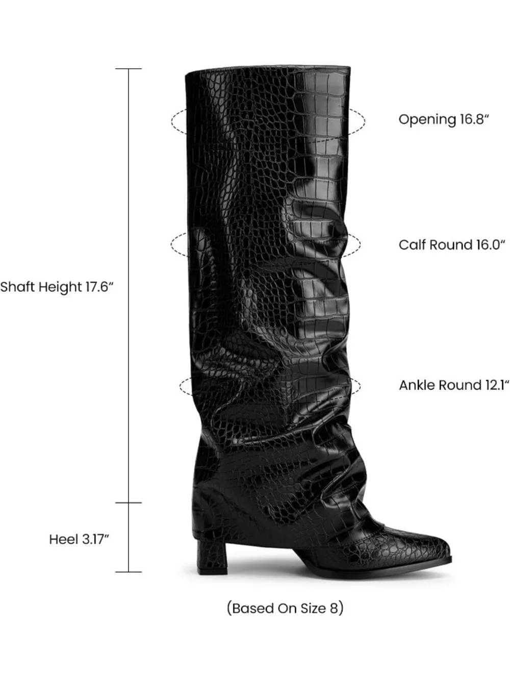 Women's Black Croco Pointed Toe Pu Leather Chunky Heel Fold Over Knee High Boots